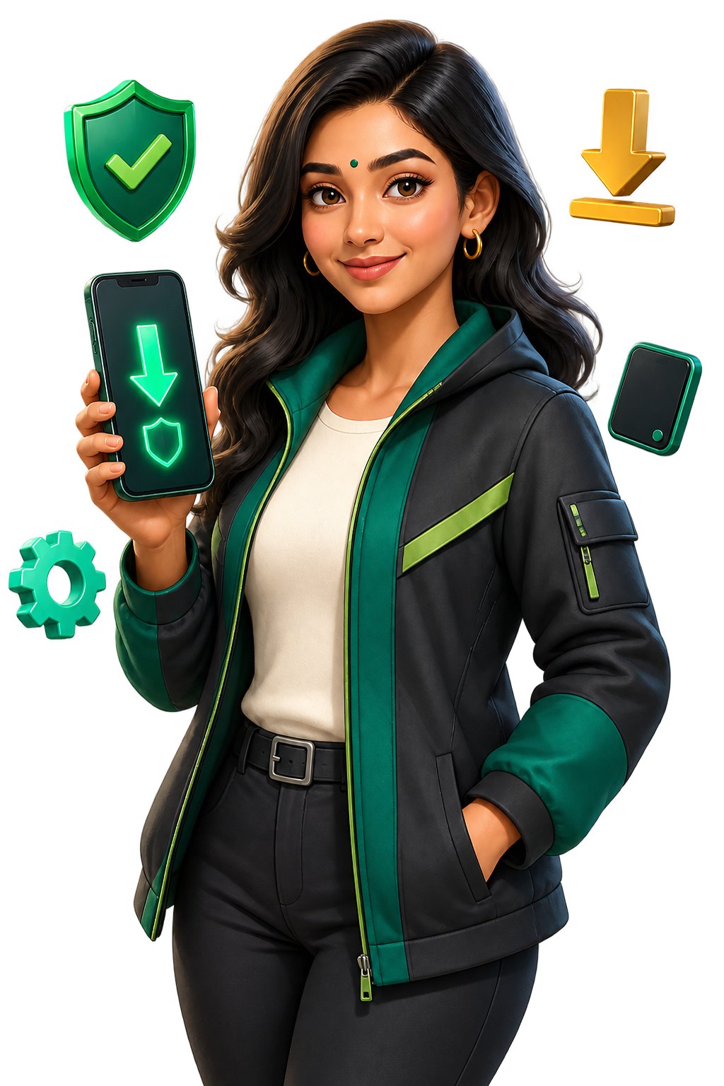 Adult 3D cartoon cyber guide holding a phone with download and safety icons